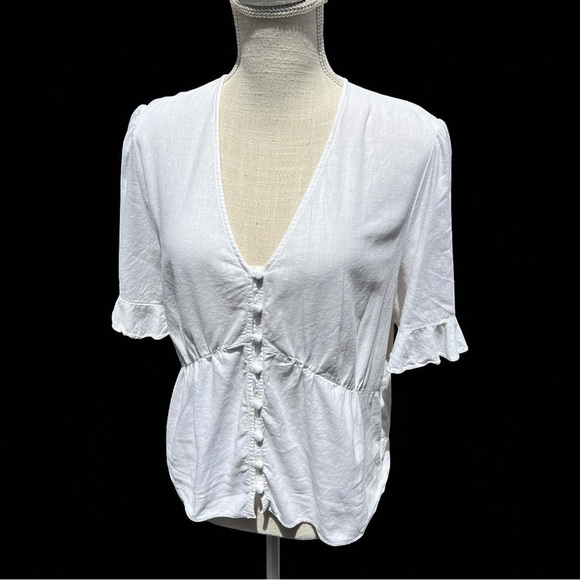 🌻Madewell White V-Neck Linen Blend Peplum Popover Top Size 10 - Picture 3 of 8